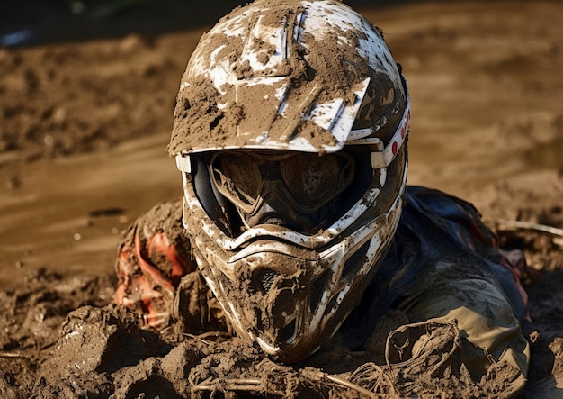 un uomo in un campo fangoso che indossa un casco e occhiali protettivi.