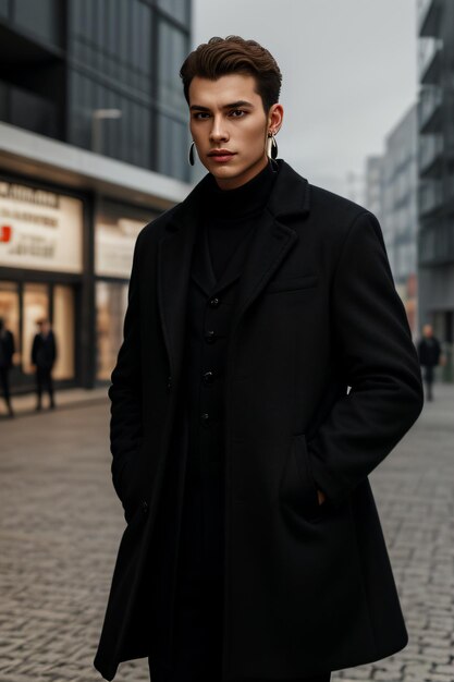 un uomo in un cappotto nero in piedi su una strada di mattoni con un edificio sullo sfondo e una persona in un