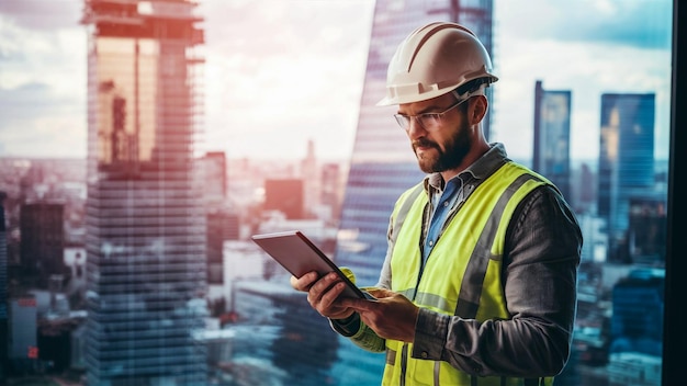 un uomo in un giubbotto da costruzione sta usando un tablet davanti a un grattacielo