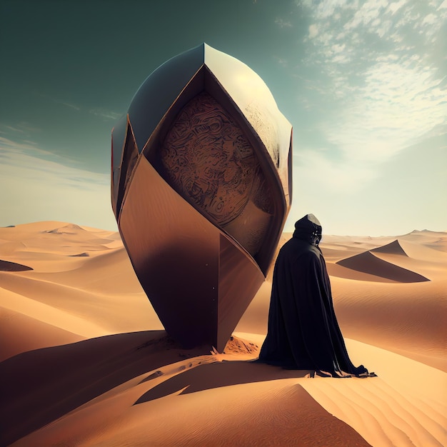 Un uomo in un mantello nero nel rendering 3d del deserto