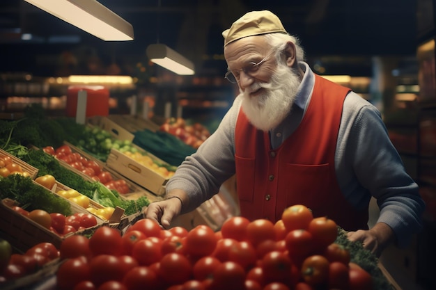Un uomo in un mercato con pomodori e un giubbotto rosso