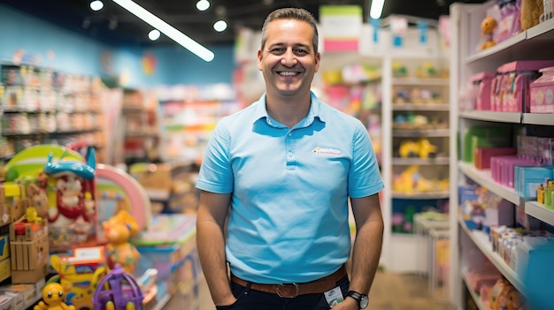 Un uomo in un negozio di giocattoli Assistente di negozio o capo Azienda giocattoli per bambini AI