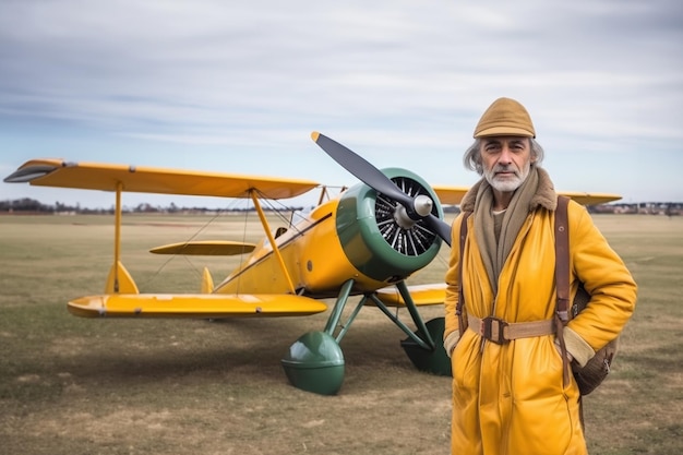 un uomo in un vestito giallo si trova di fronte a un aereo giallo