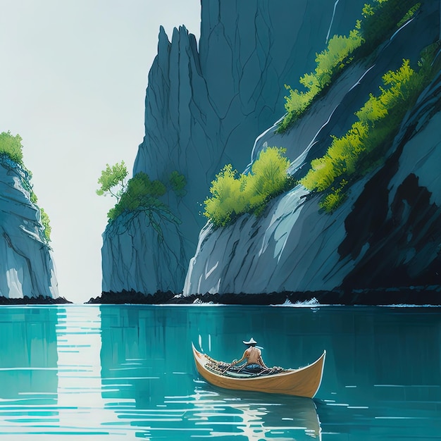 Un uomo in una canoa sull'acqua vicino a una montagna