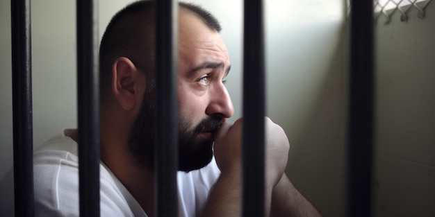 Un uomo in una cella di prigione con la barba guarda fuori dalla finestra.