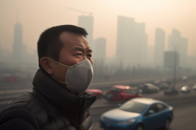 Un uomo in una città inquinata Smog in città AI Generato