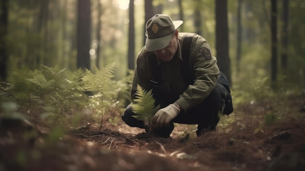 Un uomo in una foresta che pianta un albero