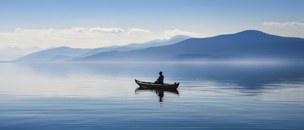 Un uomo in una piccola barca da pesca sulle calme acque blu di un lago