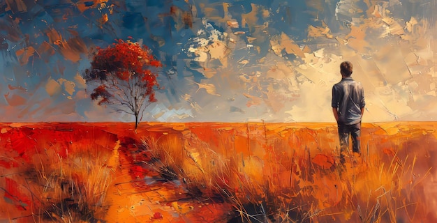 Un uomo in una scena dell'outback è dipinto a olio su tela per giclee imprime sfondi e concetti