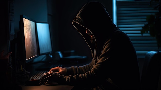 Un uomo in una stanza buia con il monitor di un computer e uno sfondo scuro