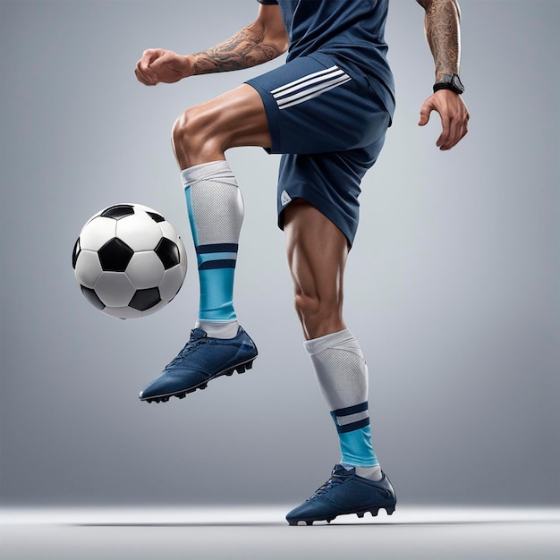 un uomo in uniforme atletico che calcia una palla da calcio in allenamento atletico
