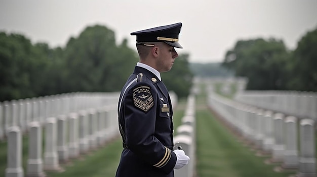 Un uomo in uniforme blu si trova davanti a una recinzione con una recinzione bianca sullo sfondo.