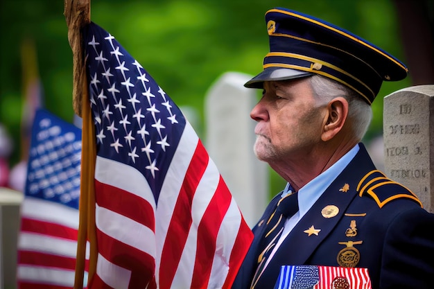 Un uomo in uniforme con in mano una bandiera americana