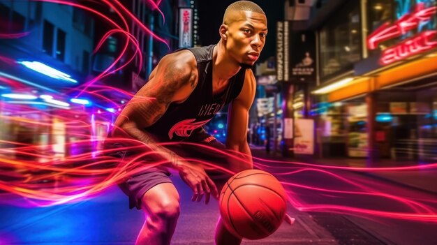 Un uomo in uniforme da basket palleggia una palla.