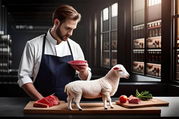 Un uomo in uniforme da chef si trova davanti a un agnello su un tagliere.