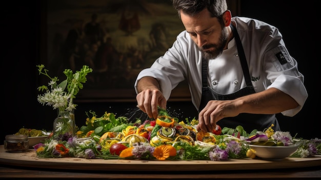 Un uomo in uniforme di cuoco prepara meticolosamente un'insalata rinfrescante con ingredienti colorati