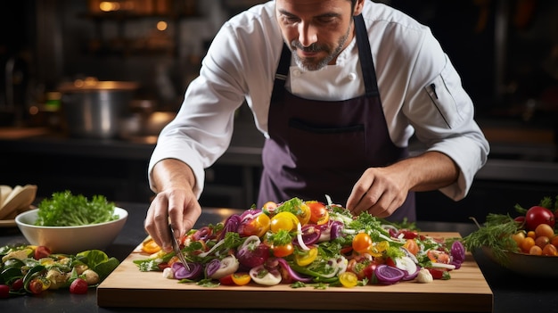 Un uomo in uniforme di cuoco taglia delicatamente una serie di verdure vivaci su una tavola da taglio in legno