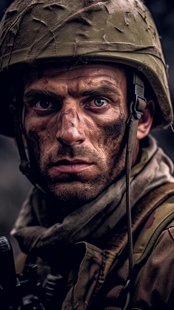 Un uomo in uniforme militare con la faccia verde e gli occhi neri.