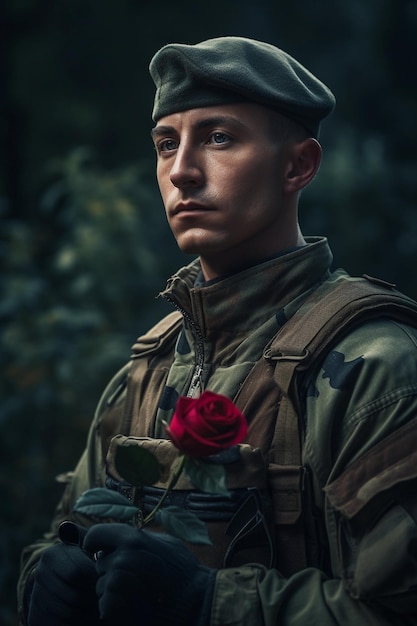 Un uomo in uniforme militare con una rosa rossa in mano.