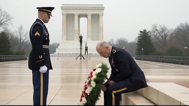 Un uomo in uniforme militare depone una corona di fiori sulla tomba del milite ignoto.