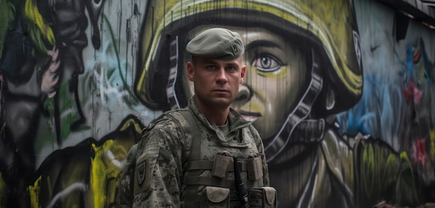 Un uomo in uniforme militare si trova di fronte a un murale di una donna.