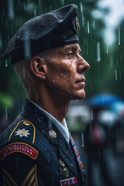 Un uomo in uniforme militare sta sotto la pioggia con una bandiera americana nel Memorial Day