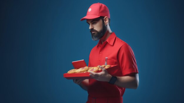 Un uomo in uniforme rossa tiene in mano un vassoio di pasticcini.