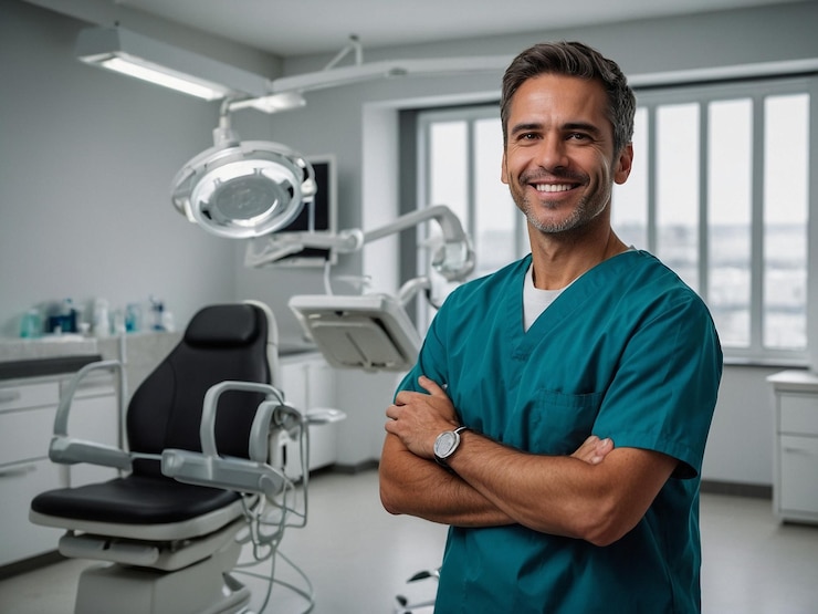 Foto un uomo in uno scrub verde si trova in una stanza con una sedia dentale e attrezzature dentali