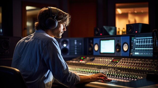 Un uomo in uno studio di registrazione indossa le cuffie mentre lavora alla produzione musicale