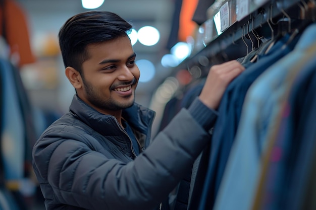 Un uomo indiano che fa acquisti nel negozio di abbigliamento indiano con uno sfondo in stile bokeh.