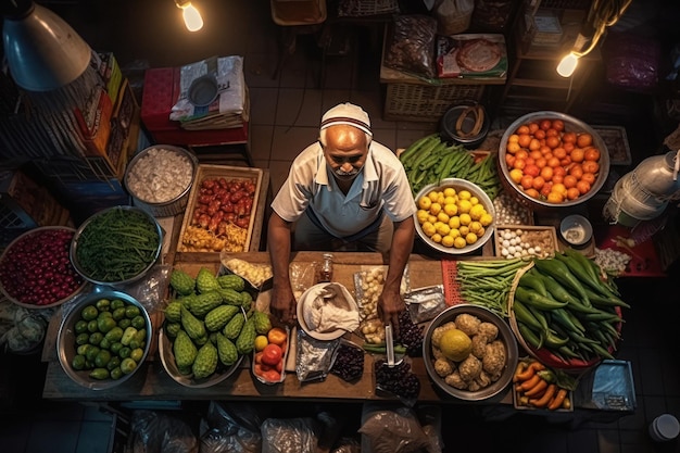 Un uomo indiano che vende verdure al suo piccolo bancone nel mercato delle verdure locale