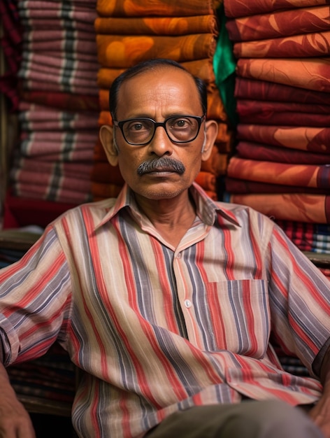 Un uomo indiano è seduto di fronte a un negozio che vende tessuto