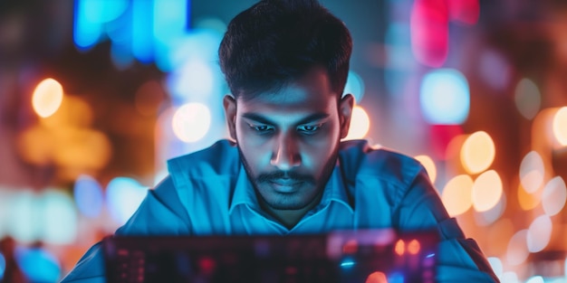 Un uomo indiano esperto di tecnologia rimane vigile contro le frodi finanziarie con un software di allerta.