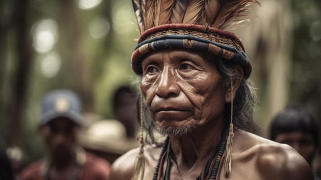 Un uomo indigeno con un copricapo di piume e un copricapo