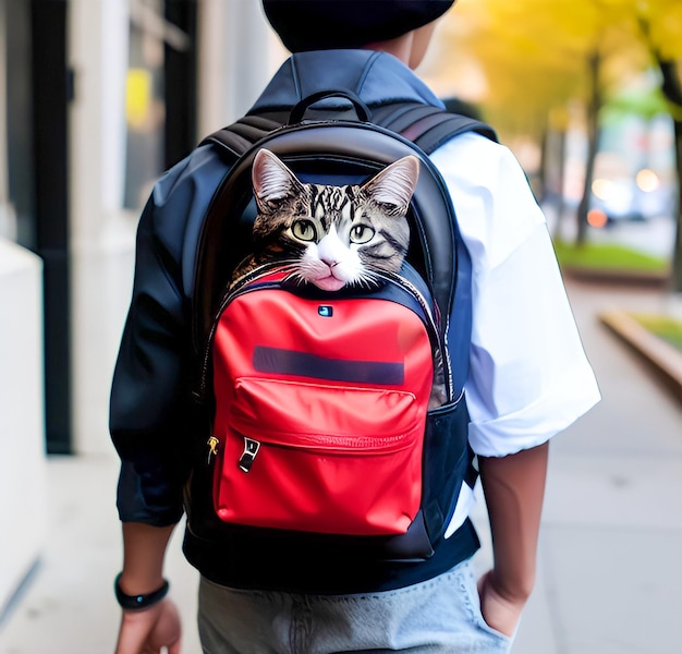 Un uomo indossa uno zaino rosso con sopra un gatto.