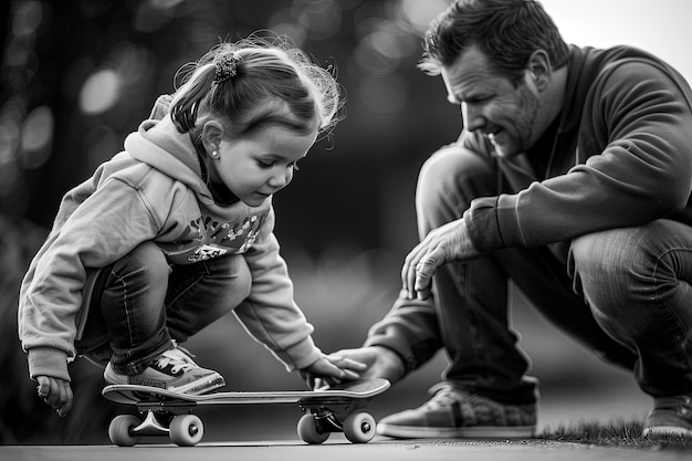 Un uomo inginocchiato accanto a una ragazzina su uno skateboard