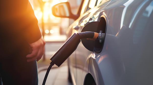 Un uomo irriconoscibile carica un'auto elettrica alla stazione di ricarica