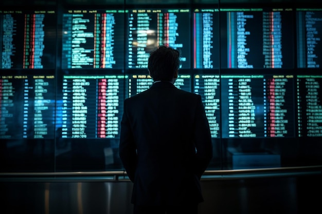Un uomo irriconoscibile in giacca e cravatta in piedi davanti a un display del mercato azionario con aggiornamenti in tempo reale