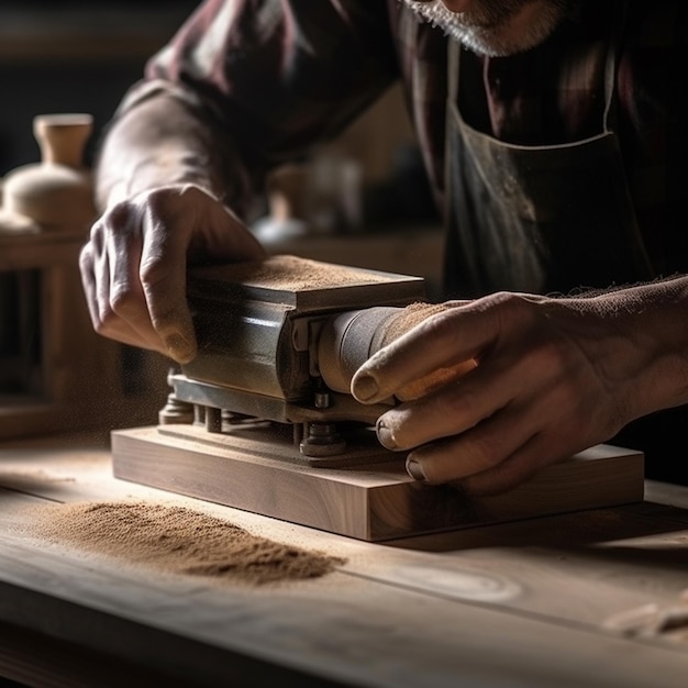 Un uomo lavora su un pezzo di legno con un blocco di legno in mano.
