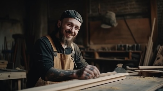 Un uomo lavora su un pezzo di legno con un sorriso sul volto.