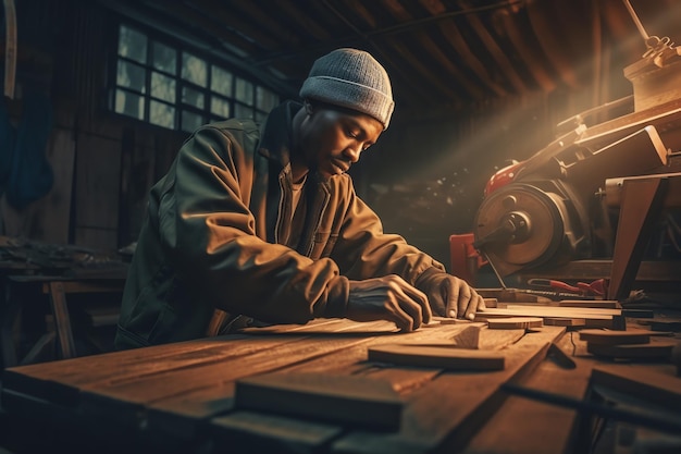 Un uomo lavora su un pezzo di legno in un'officina