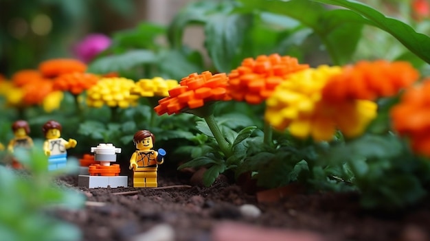 Un uomo lego con uno zaino e un giardino fiorito