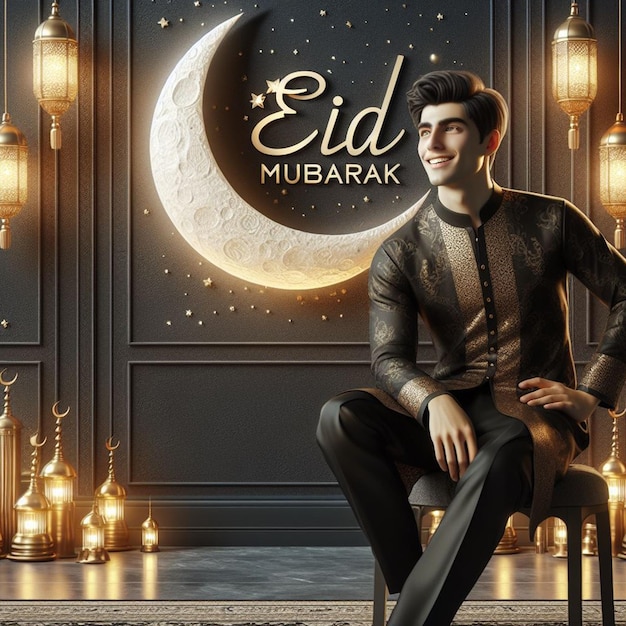 Un uomo libero è seduto sulla sedia e all'interno di Eid Mubarak Testo sul retro Foto sfondo