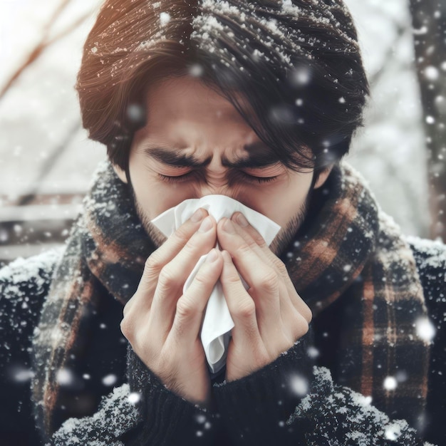 Un uomo malato starnutisce in una sciarpa all'aperto sullo sfondo della neve.