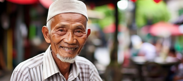 Un uomo malese senior che sorride con lo spazio della copia del bokeh