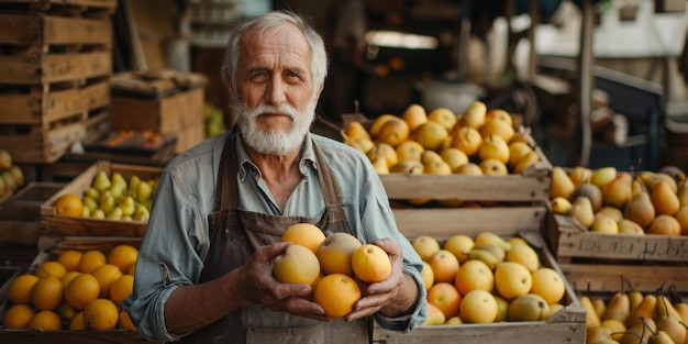 Un uomo maturo che indossa un grembiule è visto con un mucchio di frutta assortita nelle mani Sembra essere in piedi all'aperto o in un mercato