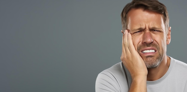 un uomo maturo che soffre di mal di denti isolato su sfondo grigio