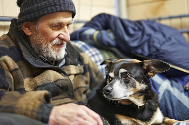 Un uomo maturo senzatetto felice abbraccia un cane seduto sui gradini della chiesa.