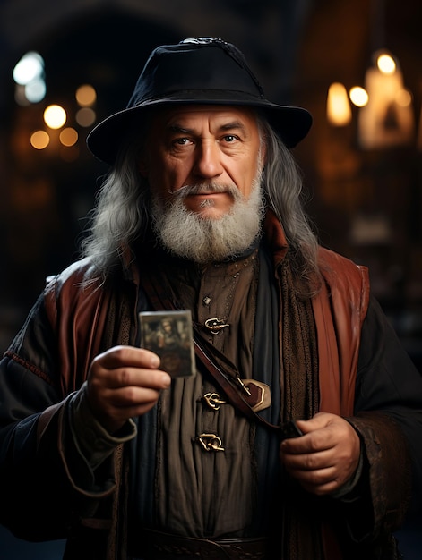 Un uomo medievale anziano che tiene un biglietto da visita busine con un design creativo di servizio fotografico