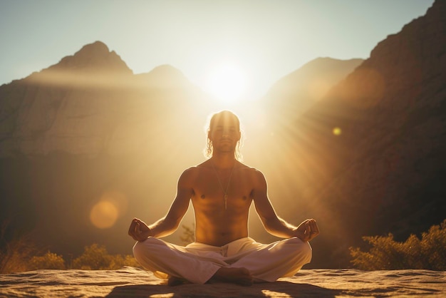 Un uomo medita e fa yoga sullo sfondo delle montagne e del tramonto